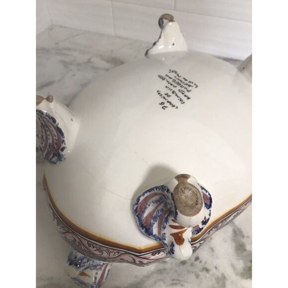 X-Large Hand Painted Floral Portugal Heavy Soup Tureen Bowl Signed - Picture 7 of 8